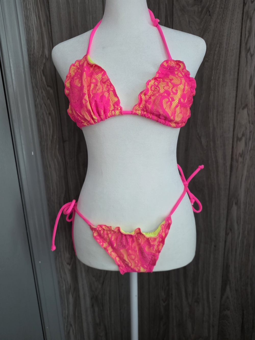 Neon Pink Lace Triangle Bikini Set - Women Swim